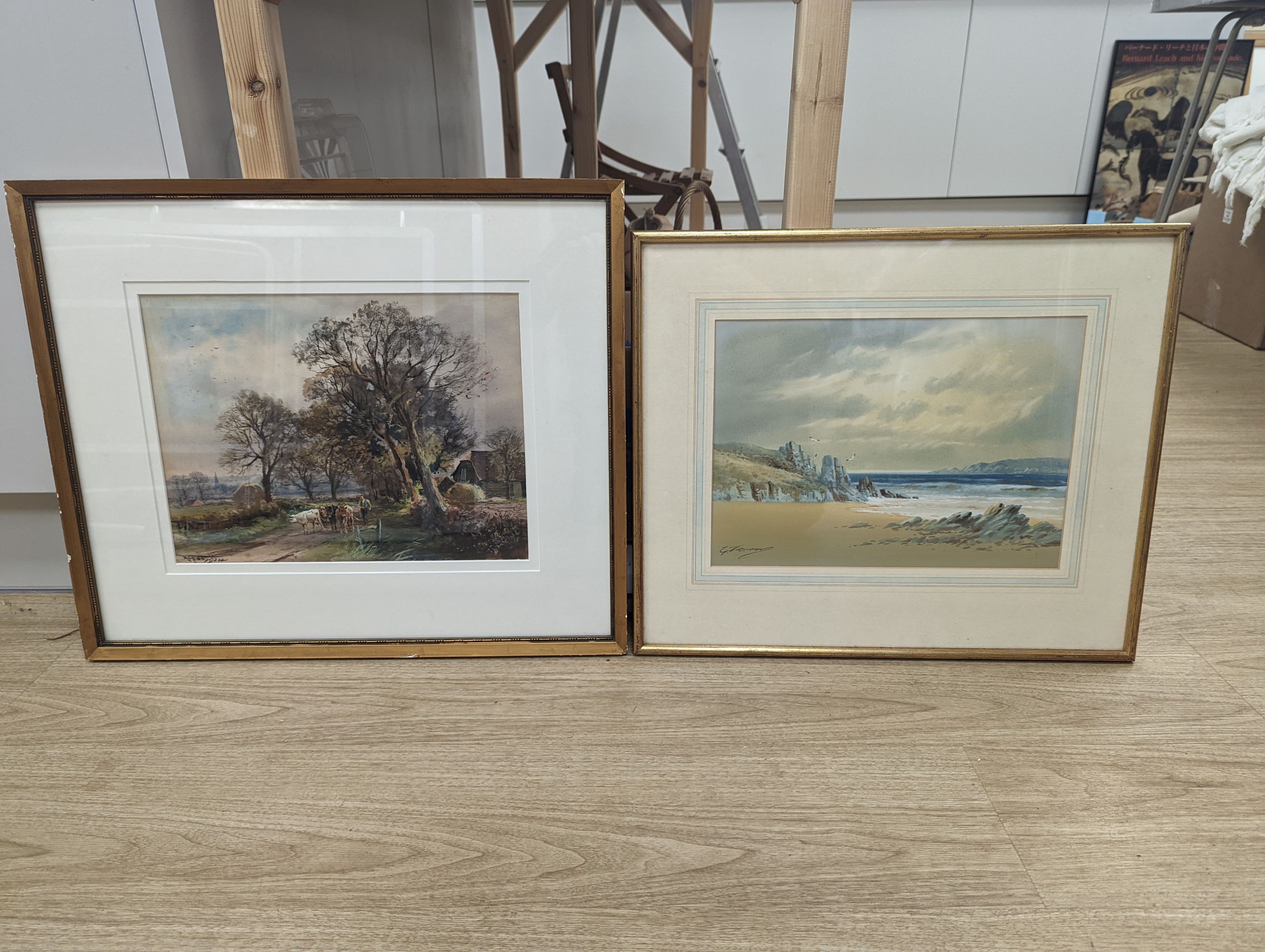 Two early 20th century watercolours depicting seascape and cattle drover, both signed, 25 x 35cm, 27 x 26cm